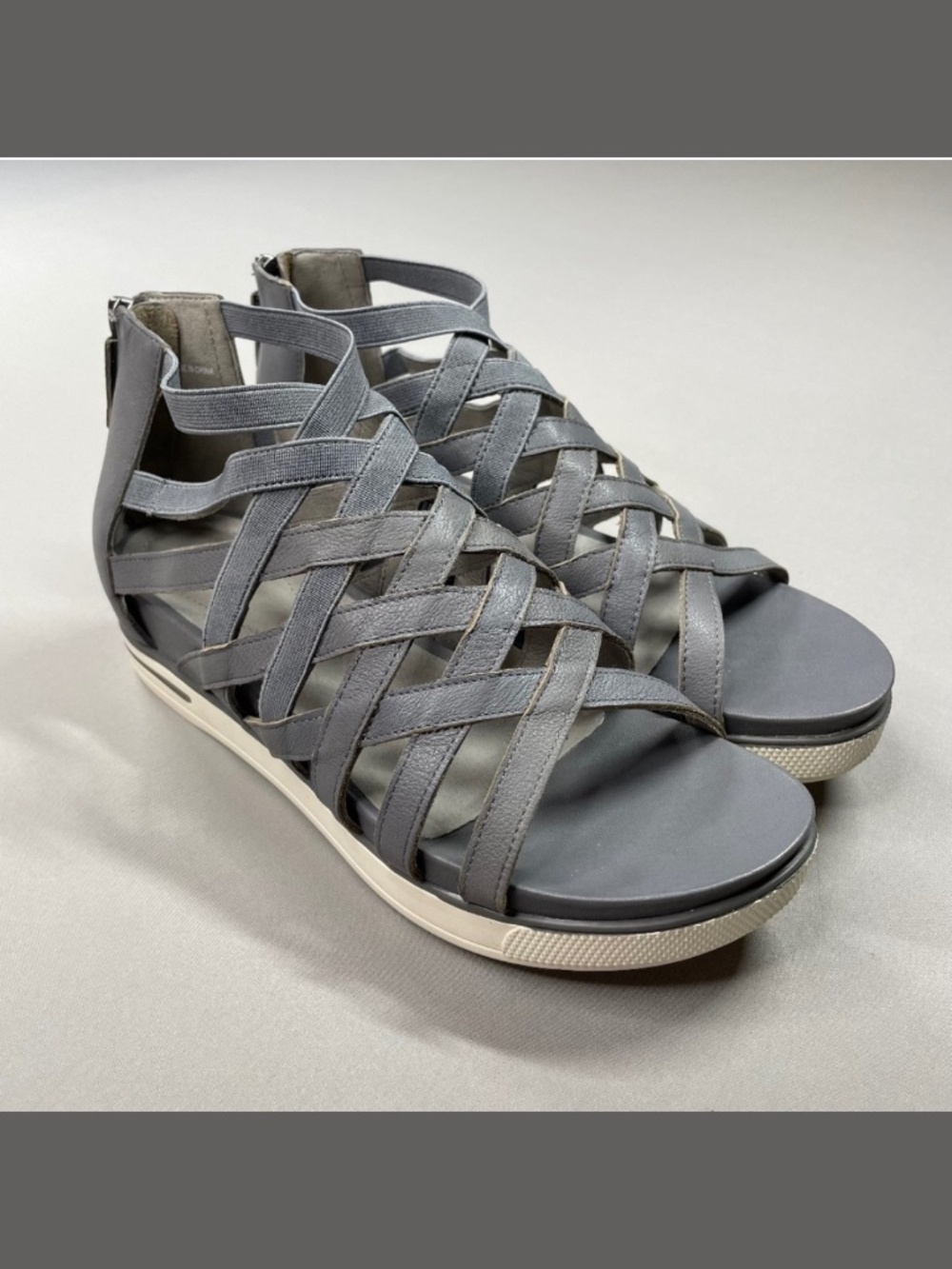 Eileen Fisher Shoes Womens 8.5 gray white leather sandals zip strap casual